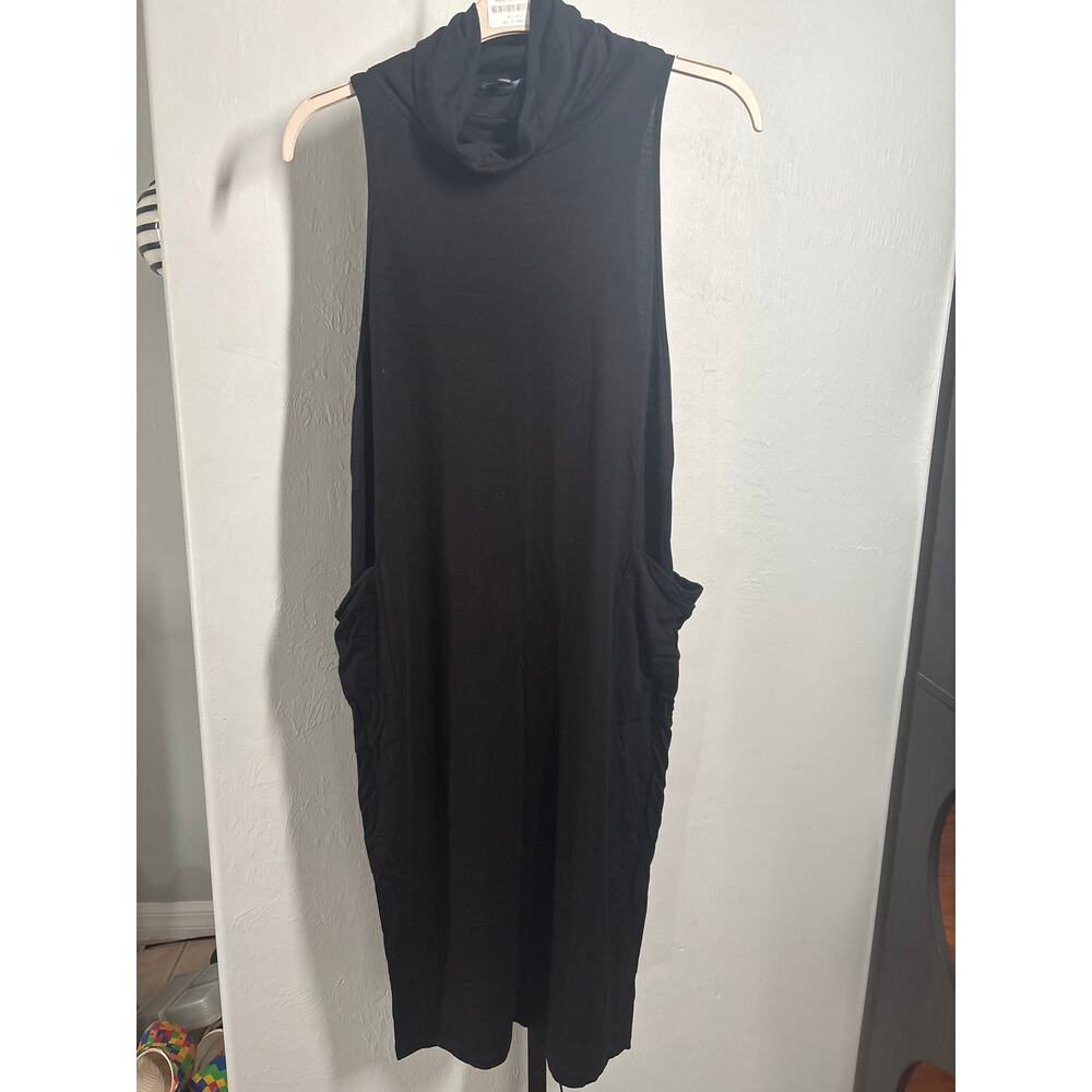 Eileen Fisher Funnel Neck Midi Cocoon Dress XS Black Sleeveless Pocket Lagenlook - Picture 3 of 9